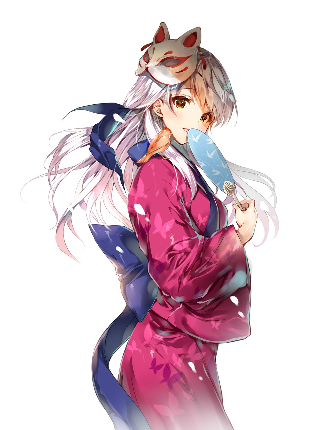 animal animal_on_shoulder animal_print bangle bird_on_shoulder bracelet bug butterfly butterfly_print commentary_request fan fire_emblem fire_emblem:_akatsuki_no_megami fire_emblem_heroes hair_ribbon half_updo highres insect japanese_clothes jewelry kimono long_hair looking_at_viewer mask micaiah miwabe_sakura obi ribbon sash silver_hair smile solo wide_sleeves yellow_eyes yukata yune