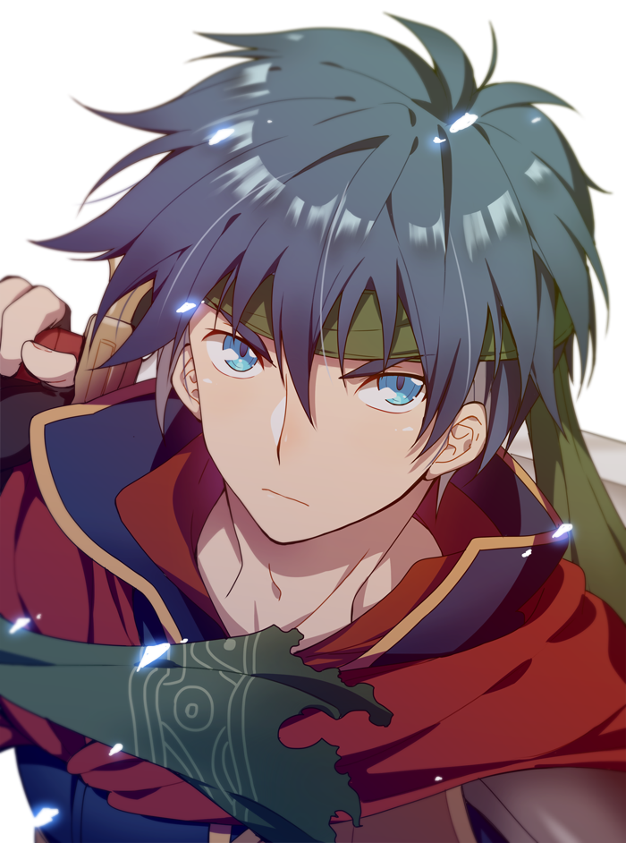 blue_eyes blue_hair cape fire_emblem fire_emblem:_souen_no_kiseki gloves headband ike inha_(ingha) male_focus ragnell short_hair simple_background solo sword weapon