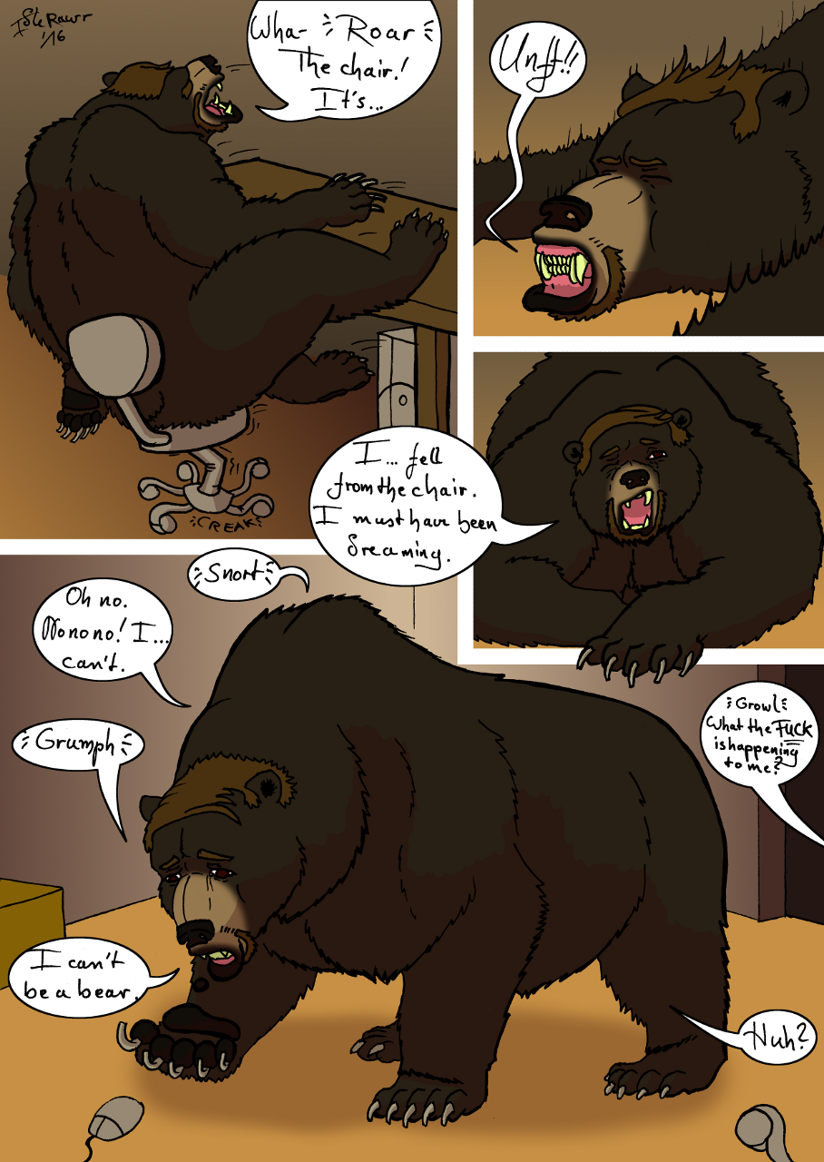 bear black_fur claws comic fur idlerawr_(artist) mammal pawpads paws speech_bubble transformation
