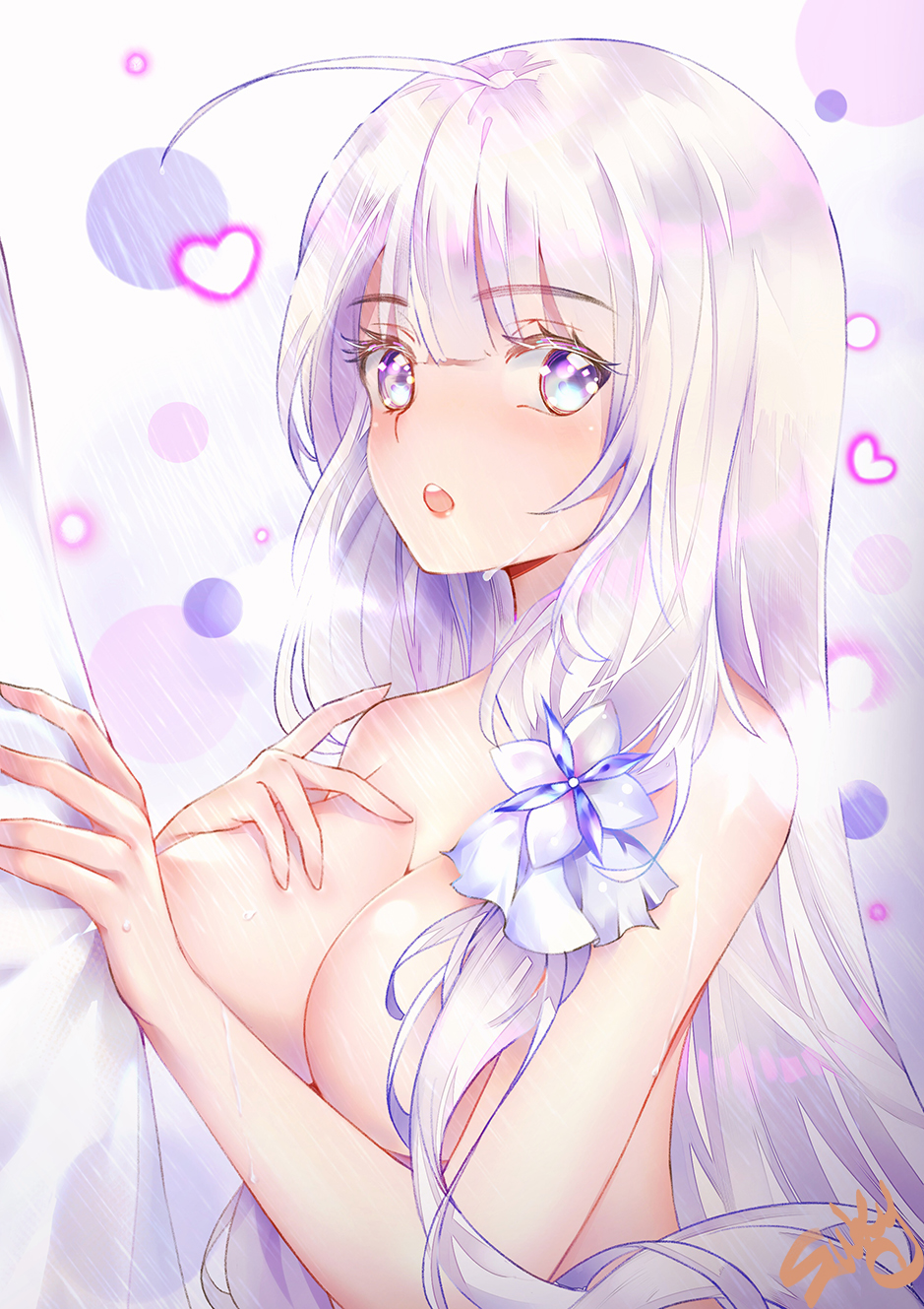 ahoge azur_lane bangs blue_eyes blunt_bangs breasts eyebrows_visible_through_hair hair_ornament heart highres illustrious_(azur_lane) long_hair looking_at_viewer medium_breasts nude open_mouth shizi_suky signature solo upper_body white_hair