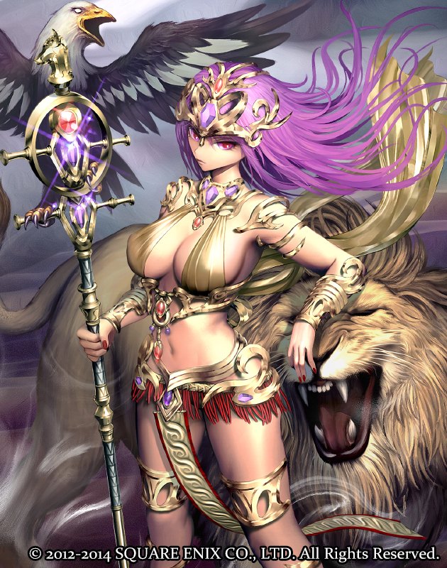 :| arm_rest armlet bird breasts closed_mouth eagle gem glint grey_sky guardian_cross headpiece holding holding_staff large_breasts lion long_hair looking_at_viewer nail_polish navel official_art open_mouth outdoors purple_hair raypass red_eyes red_nails staff standing thighlet watermark