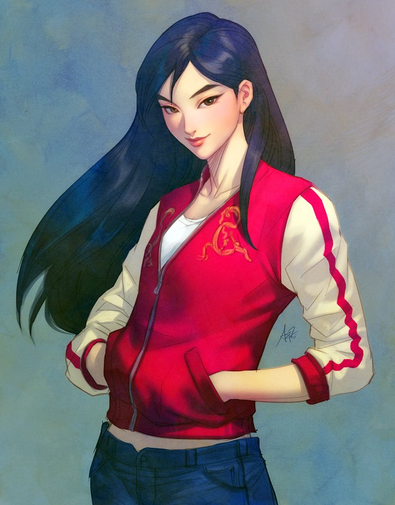 asian black_hair blue_background blue_pants brown_eyes closed_mouth collarbone commentary contemporary cowboy_shot denim disney english_commentary fa_mulan_(disney) floating_hair hands_in_pockets head_tilt jacket jeans letterman_jacket lips long_hair long_sleeves looking_at_viewer mulan nose pants partially_unzipped pocket print_jacket red_jacket shiny shiny_hair shirt signature smile solo standing stanley_lau straight_hair white_jacket white_shirt wreck-it_ralph zipper zipper_pull_tab