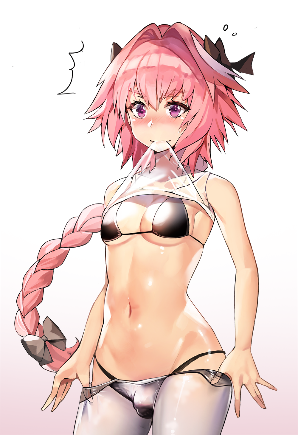 1boy astolfo_(fate) bad_id bad_pixiv_id bikini black_bikini black_bow blush bow braid bulge closed_mouth eto_(nistavilo2) fate/apocrypha fate_(series) gradient gradient_background hair_bow highres long_hair looking_at_viewer male_focus manboobs navel otoko_no_ko pantyhose pink_background pink_hair purple_eyes single_braid solo standing swimsuit white_legwear