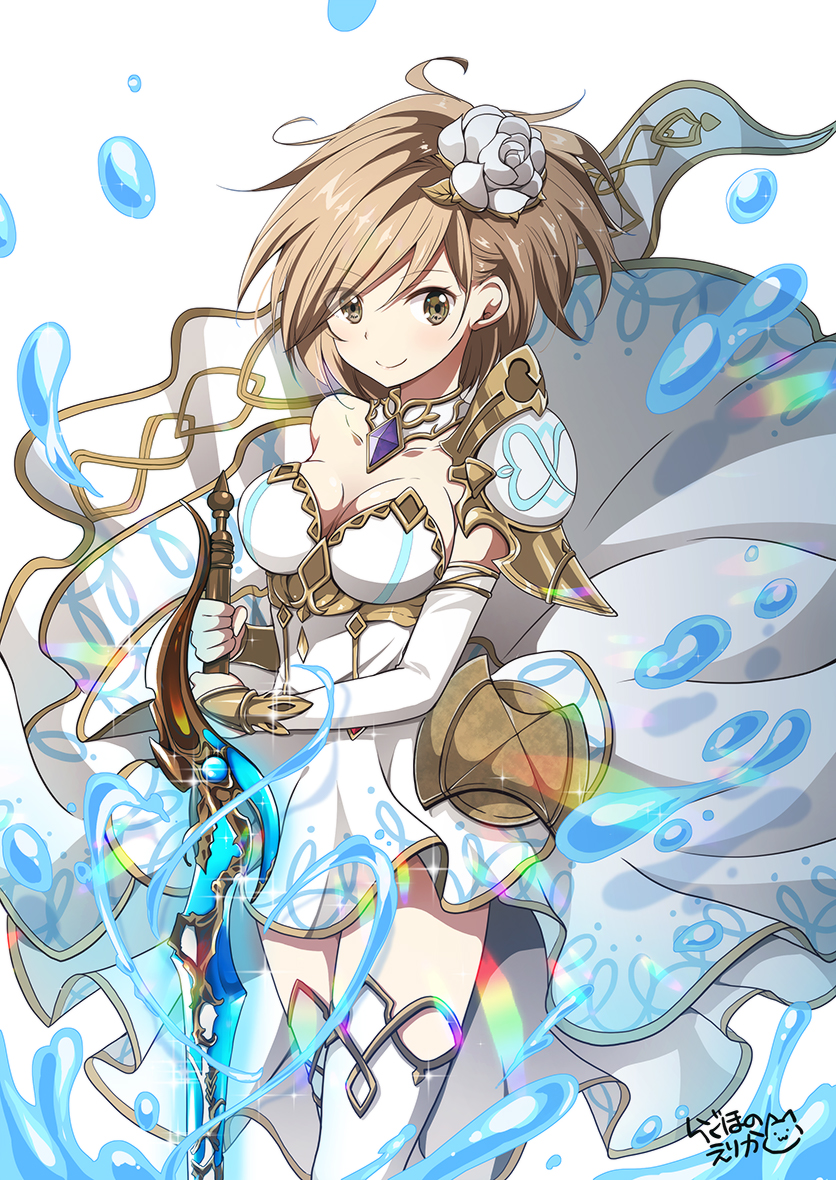 bangs breasts brown_eyes brown_hair cleavage closed_mouth commentary_request cosplay djeeta_(granblue_fantasy) dress eyebrows_visible_through_hair flower granblue_fantasy hair_between_eyes hair_flower hair_ornament holding holding_sword holding_weapon looking_at_viewer medium_breasts ragho_no_erika rose signature simple_background smile solo standing strapless strapless_dress sword the_glory the_glory_(cosplay) thighhighs water_drop weapon white_background white_dress white_flower white_legwear white_rose