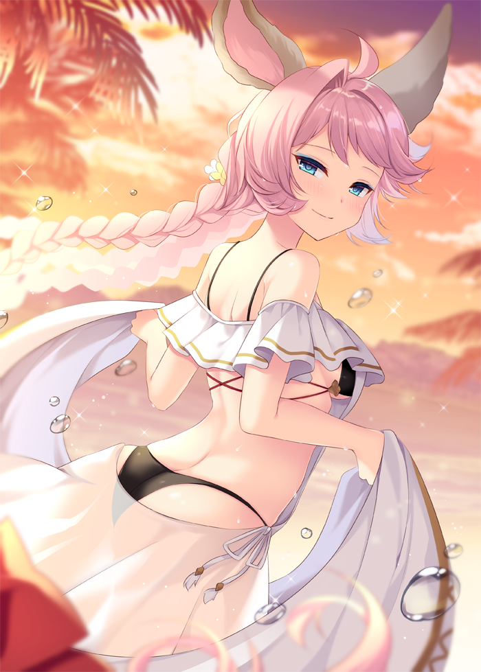 ahoge animal_ears ass bangs bare_shoulders bikini black_bikini blue_eyes blurry blurry_background blush braid breasts butt_crack closed_mouth cloud commentary_request depth_of_field dutch_angle erune esser eyeshadow flower granblue_fantasy hair_flower hair_intakes hair_ornament holding lake long_hair looking_at_viewer looking_back makeup medium_breasts outdoors palm_tree pink_hair see-through shikitani_asuka sky smile solo standing sunset swimsuit tree very_long_hair water white_flower yellow_flower