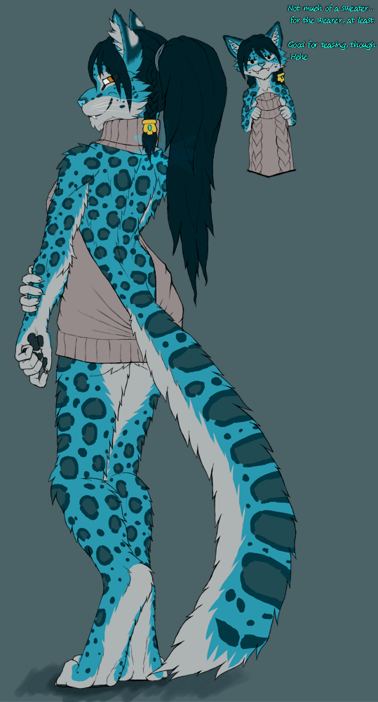 anthro bottomless clothed clothing digital_media_(artwork) feline female frostwyrm102 fur hair jamilla_seomok leopard mammal partially_clothed simple_background snow_leopard solo sweater virgin_killer_sweater