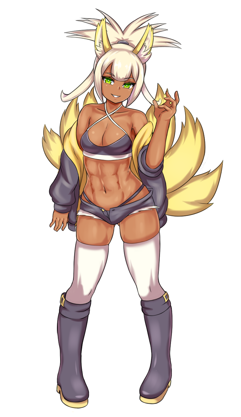 abs animal_ears ass_visible_through_thighs bare_shoulders boots borrowed_character breasts collarbone commentary commission cutoffs dark_skin english_commentary eyebrows_visible_through_hair fox_ears fox_girl fox_tail full_body green_eyes hand_up harumi_(elh) head_tilt high_ponytail highres jacket knee_boots legs_apart long_hair looking_at_viewer multiple_tails nav navel off_shoulder original parted_lips pigeon-toed ponytail short_shorts shorts simple_background skindentation small_breasts smile solo standing tail thighhighs toned unbuttoned white_background white_hair white_legwear