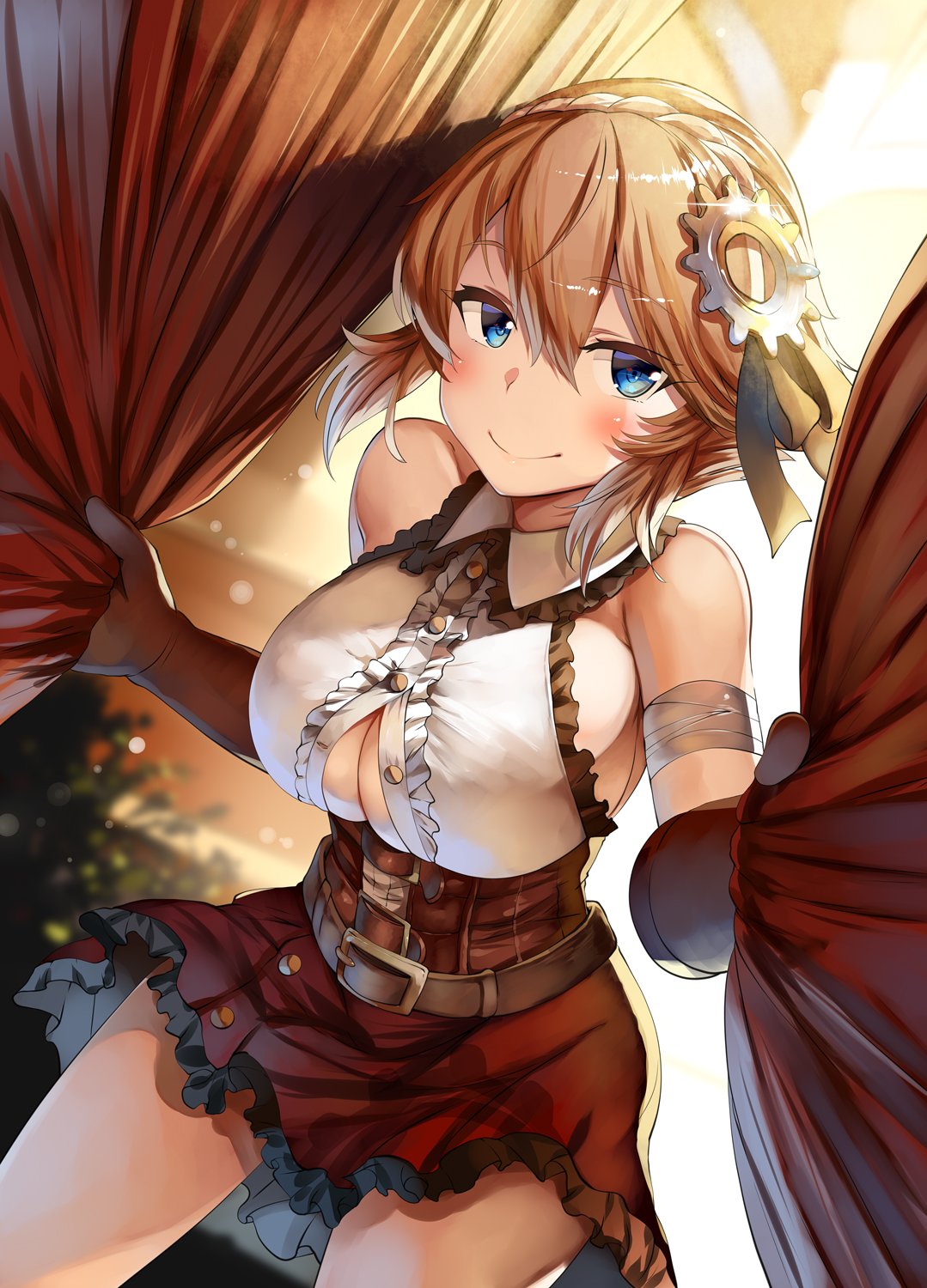 bangs belt blonde_hair blue_eyes blurry blurry_background blush braid breasts brown_gloves buckle button_gap center_frills cleavage closed_mouth collared_shirt commentary_request corset crown_braid curtain_grab curtains day depth_of_field dolly_(sennen_sensou_aigis) elbow_gloves eyebrows_visible_through_hair frilled_shirt_collar frilled_skirt frills gloves grin hair_between_eyes highres indoors large_breasts leaning_forward light_particles lolicept looking_at_viewer messy_hair partially_unbuttoned red_skirt sennen_sensou_aigis shirt short_hair sidelocks skirt sleeveless sleeveless_shirt smile solo sparkle sweat taut_clothes thighs white_shirt