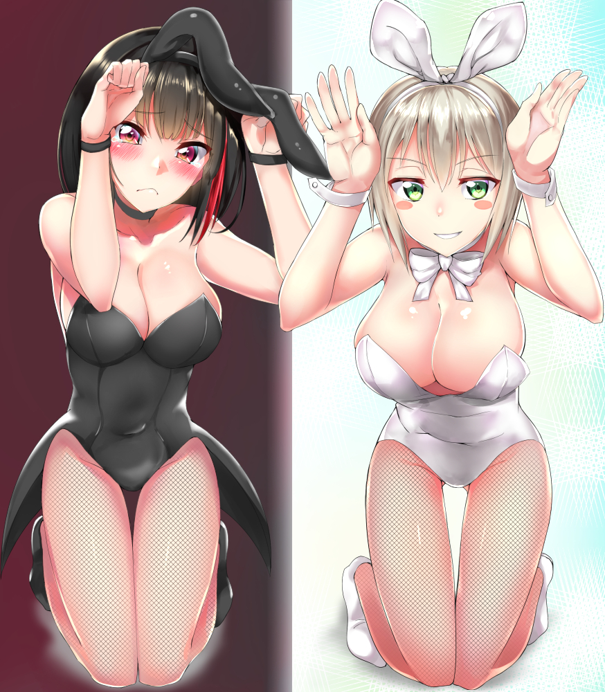 animal_ears aoba_moka bang_dream! bare_shoulders black_choker black_clothes black_footwear black_hair black_wristband blush blush_stickers bow bowtie breasts bunny_ears bunny_pose bunnysuit choker cleavage column_lineup commentary_request embarrassed fishnet_pantyhose fishnets frown green_eyes grin hairband kneeling large_breasts machorin mitake_ran multicolored_hair multiple_girls pantyhose red_eyes red_hair short_hair silver_hair smile streaked_hair tears tied_ears white_bow white_footwear white_neckwear white_wristband wristband