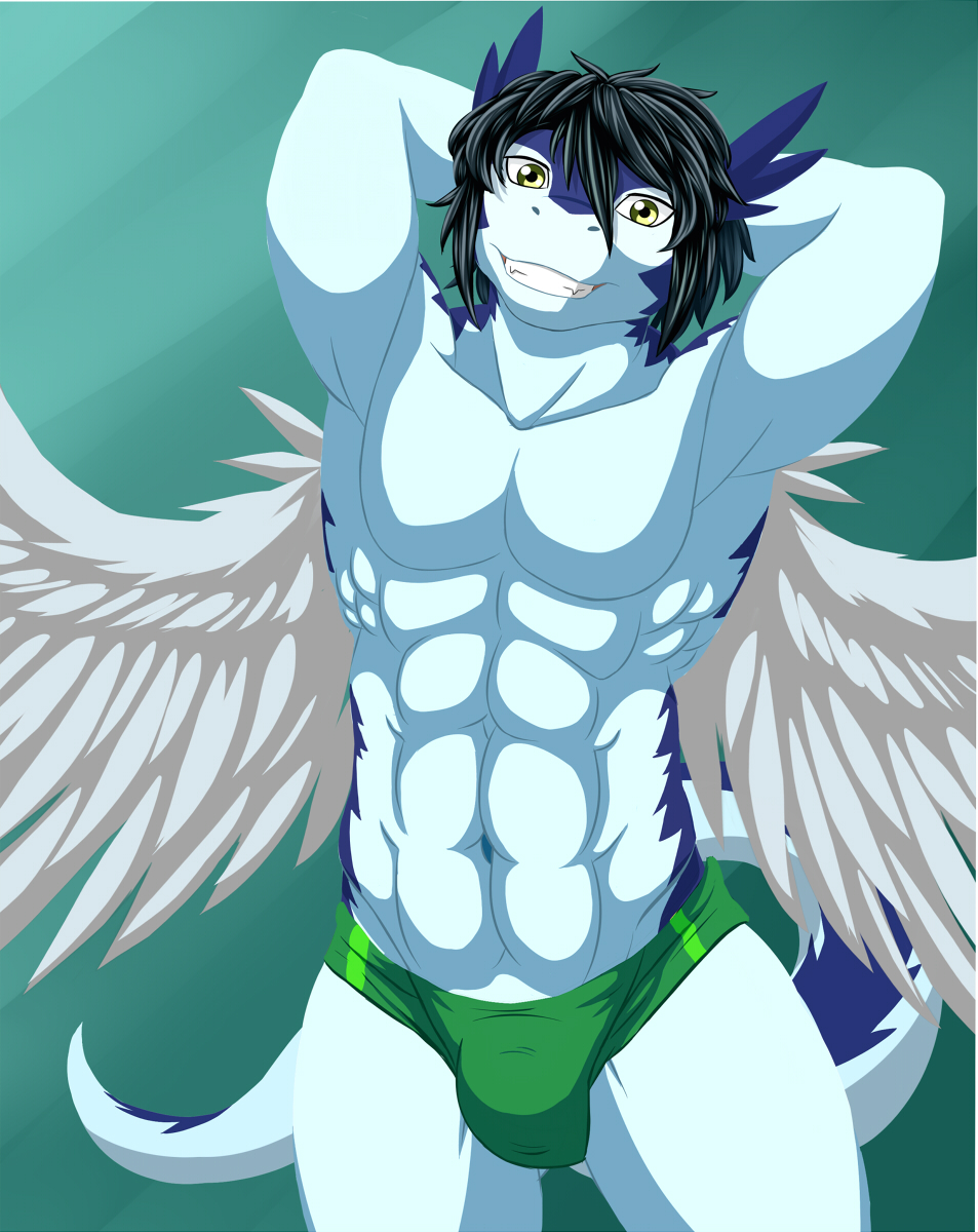 anthro bulge clei clothed clothing dragon looking_at_viewer nameless00 pose scalie smile topless underwear windragon wings