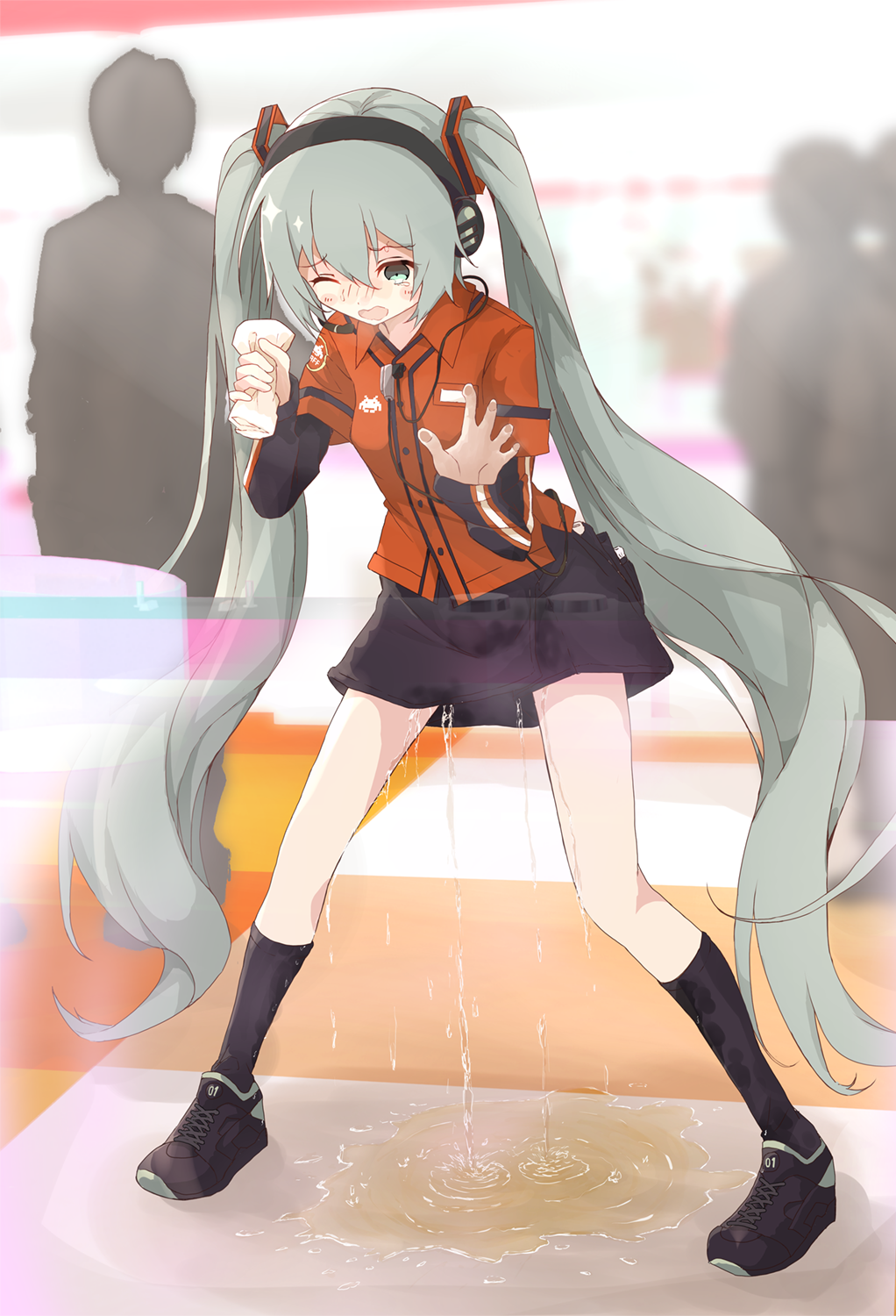 1girl alternate_costume black_footwear black_legwear black_skirt blush breath cloth embarrassed eyebrows_visible_through_hair full_body green_eyes green_hair hair_ornament hands_up hatsune_miku headphones highres holding kneehighs legs_apart long_hair long_sleeves matching_hair/eyes minoco nose_blush one_eye_closed open_mouth peeing peeing_self puddle red_shirt shirt shoes short_over_long_sleeves short_sleeves silhouette skirt solo_focus standing sweat tied_hair twintails uniform very_long_hair vocaloid wet wet_clothes wince x-ray