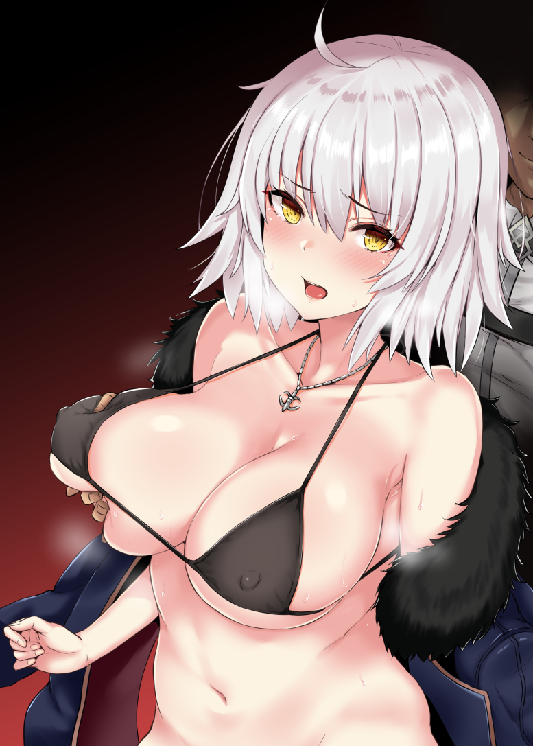 1girl ahoge bikini black_bikini black_jacket blush breast_grab breasts coat covered_nipples fate/grand_order fate_(series) fur-trimmed_coat fur_trim grabbing grabbing_from_behind heavy_breathing jacket jeanne_d'arc_(alter)_(fate) jeanne_d'arc_(fate)_(all) large_breasts mitsukazu_(nijigen_complex) navel open_clothes open_coat open_mouth short_hair silver_hair swimsuit wicked_dragon_witch_ver._shinjuku_1999 yellow_eyes