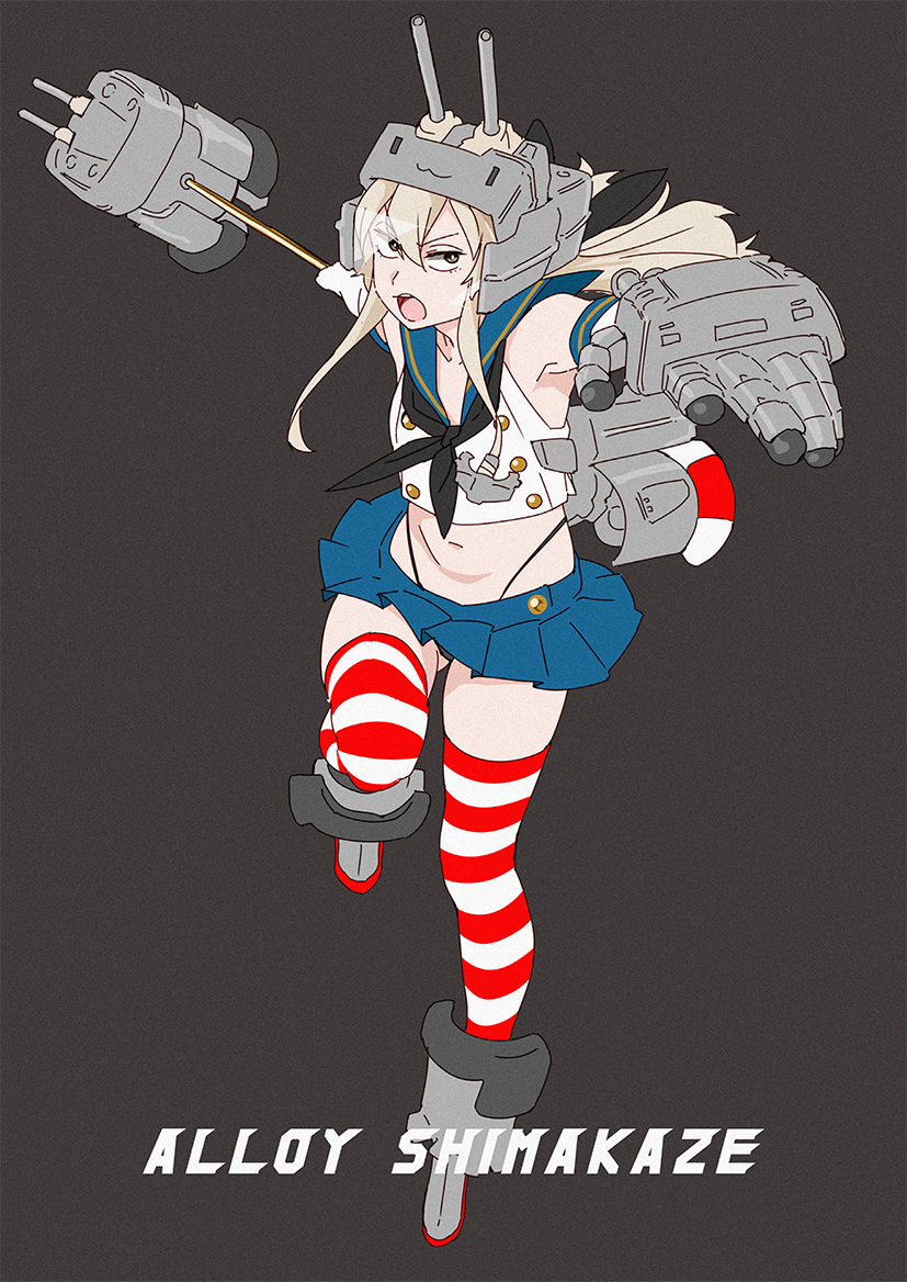adapted_costume anchor_hair_ornament black_panties blonde_hair blue_sailor_collar blue_skirt character_name commentary cosplay crop_top elbow_gloves full_body gloves grey_background grey_eyes hair_ornament headset helmet highleg highleg_panties kantai_collection long_hair microskirt miniskirt ojipon open_mouth panties pleated_skirt rensouhou-chan rensouhou-chan_(cosplay) sailor_collar sailor_shirt shimakaze_(kantai_collection) shirt simple_background skirt solo striped striped_legwear symbol_commentary thighhighs underwear white_gloves