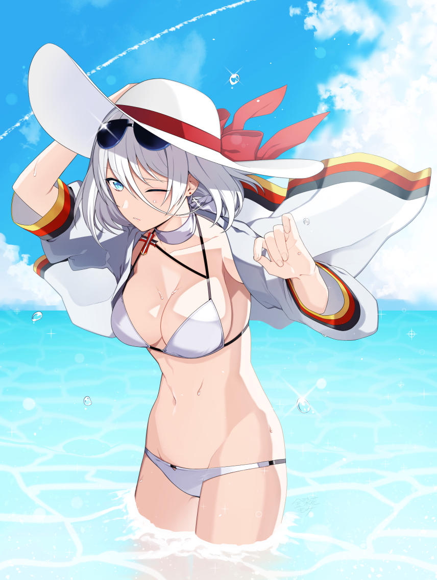 alternate_costume arm_support armpits azur_lane baggy_clothes bangs bikini blue_eyes blush breasts cleavage coat collarbone commentary_request cowboy_shot cross cross_earrings day earrings eyebrows_visible_through_hair eyewear_on_head groin hair_between_eyes hand_on_headwear hand_up hat head_tilt jewelry kinsenka_momi large_breasts looking_at_viewer one_eye_closed outdoors scarf short_hair sidelocks signature silver_hair skindentation solo sparkle standing stomach sun_hat sunglasses swimsuit thighs tirpitz_(azur_lane) wading water_drop white_bikini white_coat white_scarf wind wind_lift