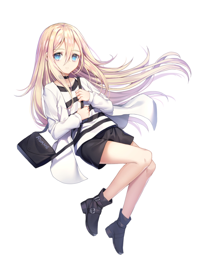 ankle_boots bag bangs blue_eyes boots choker floating_hair hair_between_eyes holding holding_bag jacket long_hair long_sleeves looking_at_viewer midair open_clothes open_jacket rachel_gardner roang satsuriku_no_tenshi shirt shorts shoulder_bag silver_hair simple_background sleeves_past_wrists solo striped striped_shirt very_long_hair white_background