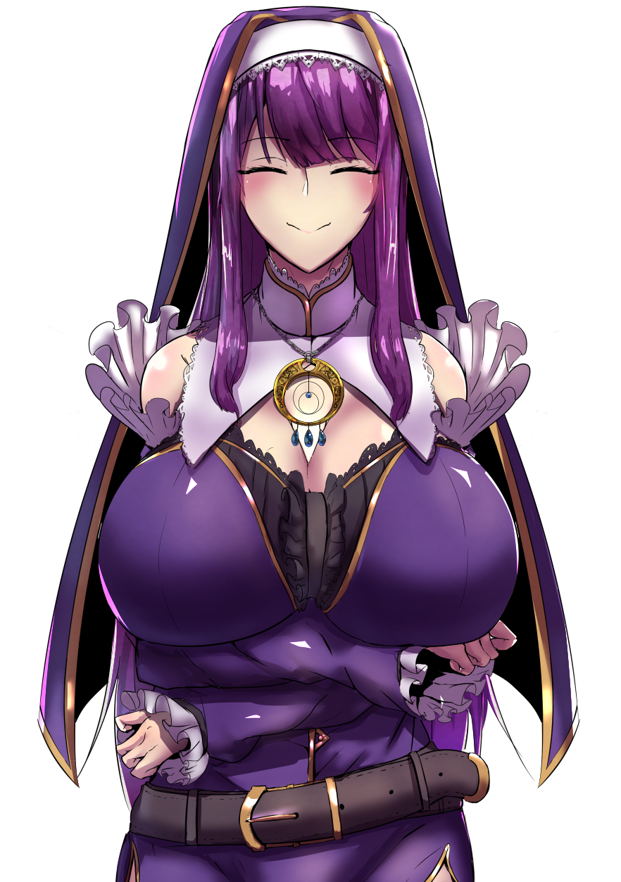 arms_under_breasts belt breast_hold breasts brown_belt center_frills cleavage closed_eyes commentary_request commission crossed_arms dress facing_viewer gold_trim habit highres huge_breasts jewelry kayamayukihiro long_hair loose_belt necklace original purple_dress purple_hair solo standing transparent_background upper_body white_headband