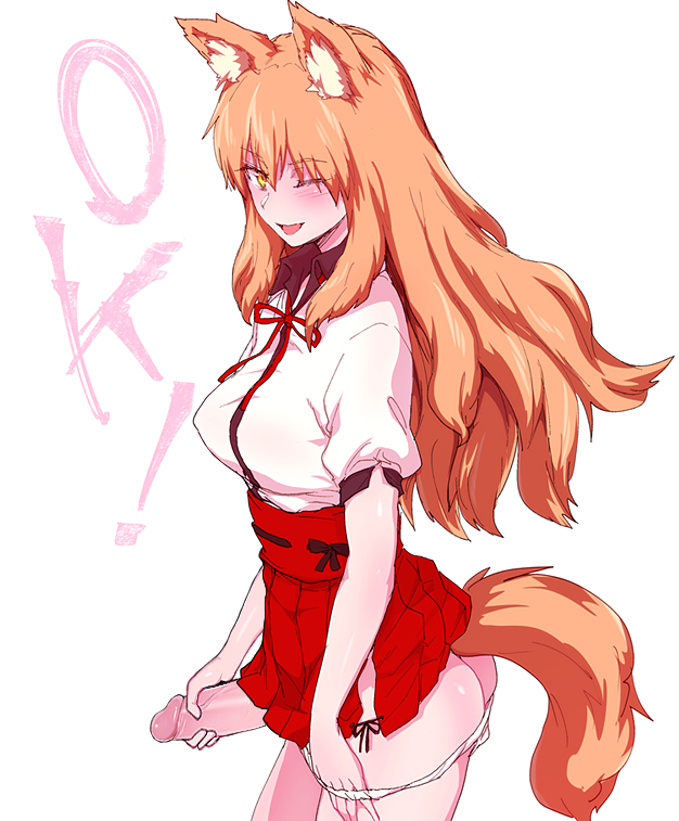 1girl ;d animal_ears ass commentary_request cowboy_shot fate/grand_order fate_(series) fox_ears fox_tail from_side futanari hakama_skirt higata_akatsuki holding holding_penis long_hair looking_at_viewer nimji one_eye_closed open_mouth orange_eyes orange_hair panties panty_pull penis pulled_by_self red_scrunchie scrunchie simple_background smile solo suzuka_gozen_(fate) tail third-party_edit uncensored underwear white_background wrist_scrunchie