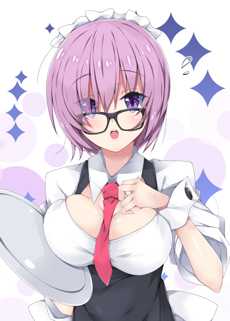 :o bangs between_breasts black-framed_eyewear breasts cleavage eyebrows_visible_through_hair eyes_visible_through_hair fate/grand_order fate_(series) flying_sweatdrops glasses hair_over_one_eye hand_up holding holding_tray large_breasts looking_at_viewer mash_kyrielight milkpanda necktie necktie_between_breasts parted_lips purple_eyes purple_hair red_neckwear shirt short_sleeves solo sparkle tray white_shirt wrist_cuffs