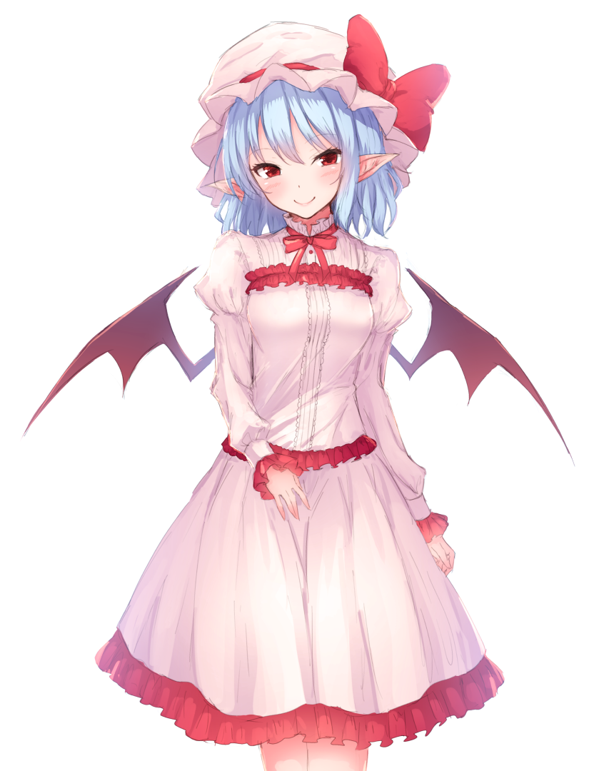 bangs bat_wings blue_hair blush bow breasts center_frills commentary dress eyebrows_visible_through_hair feet_out_of_frame frilled_dress frilled_sleeves frills hair_between_eyes hat hat_bow head_tilt juliet_sleeves junior27016 long_sleeves looking_at_viewer medium_breasts mob_cap neck_ribbon pointy_ears puffy_sleeves red_bow red_eyes red_neckwear red_ribbon remilia_scarlet ribbon short_hair simple_background smile solo standing touhou white_background white_dress white_hat wings