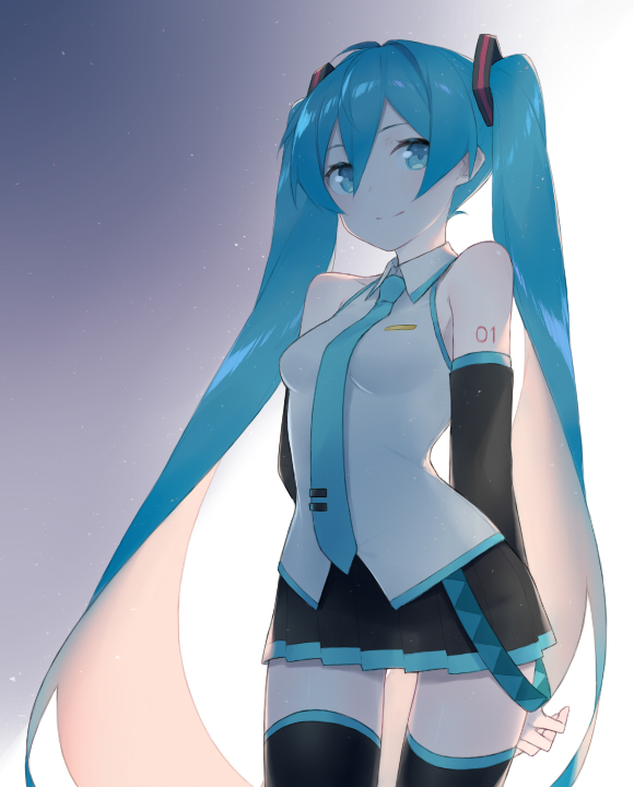 bangs bare_shoulders black_legwear black_skirt blue_eyes blue_hair blue_neckwear breasts closed_mouth collared_shirt commentary_request cowboy_shot detached_sleeves fhang gradient gradient_background hair_between_eyes hair_ornament hatsune_miku head_tilt long_hair long_sleeves looking_at_viewer necktie pleated_skirt purple_background shirt sidelocks skirt sleeveless sleeveless_shirt small_breasts smile solo thighhighs twintails very_long_hair vocaloid white_background white_shirt zettai_ryouiki