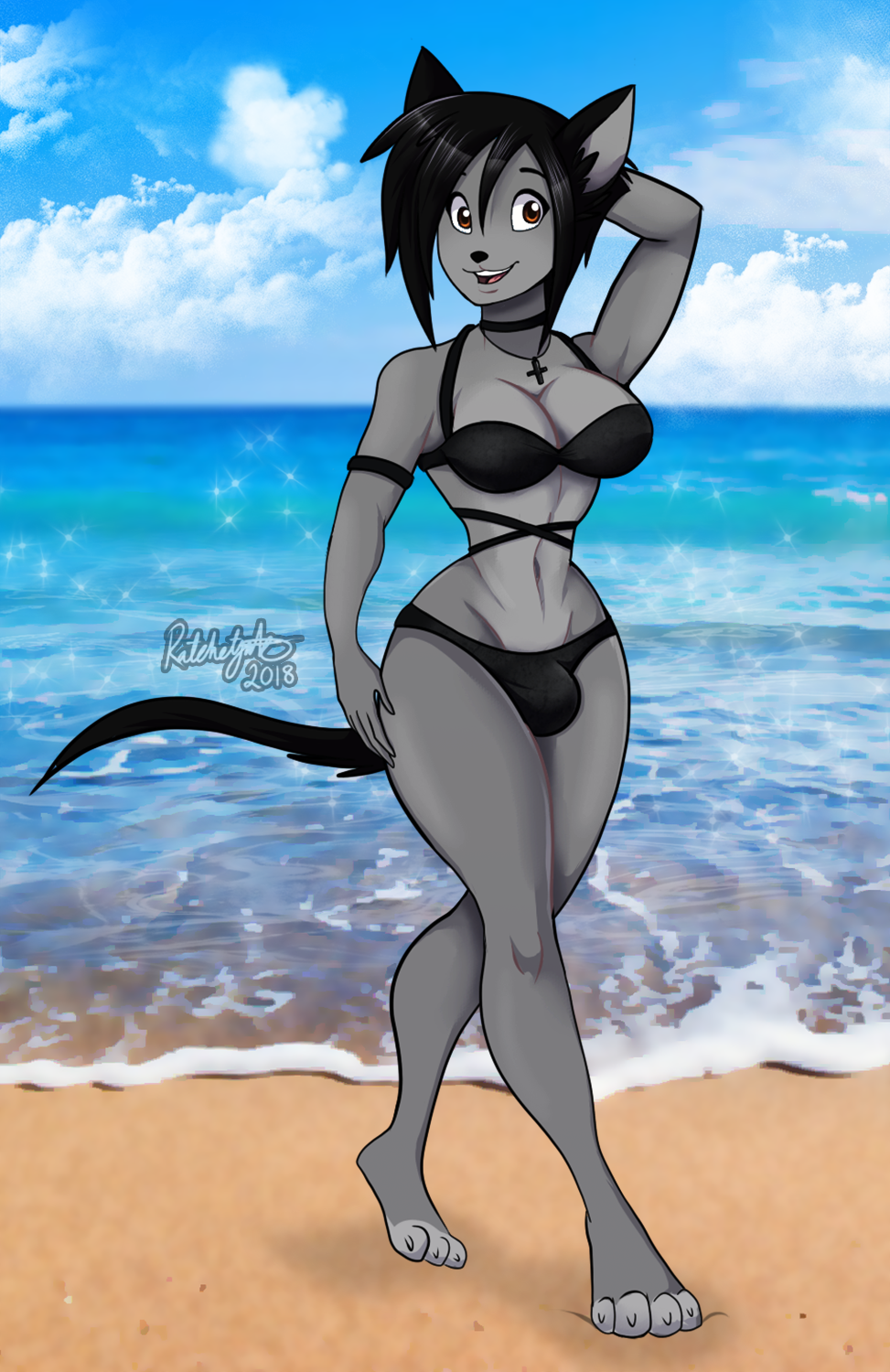 2018 anthro armband beach big_breasts bikini black_hair black_nose breasts brown_eyes bulge cat choker cleavage clothed clothing cloud collar cross dickgirl eyebrows feline fur goth grey_fur hair hi_res intersex jewelry kai looking_at_viewer mammal midriff navel open_mouth outside pose ratchetjak sand sea seaside sky smile solo standing summer swimsuit thick_thighs thong tongue voluptuous water wide_hips