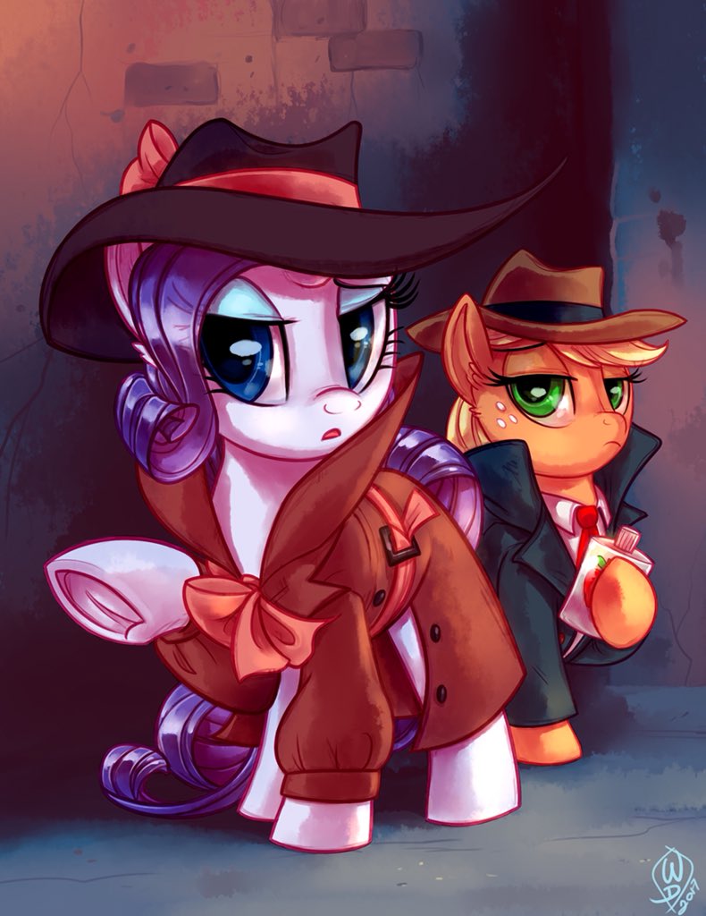 2017 alley applejack_(mlp) blonde_hair blue_eyes clothed clothing coat detective duo earth_pony equine eyebrows eyelashes eyeshadow female feral flask freckles friendship_is_magic frown green_eyes hair hat holding_object hooves horn horse looking_at_viewer makeup mammal mascara my_little_pony necktie open_mouth outside pony purple_hair raised_leg rarity_(mlp) signature tongue underhoof unicorn whitediamonds
