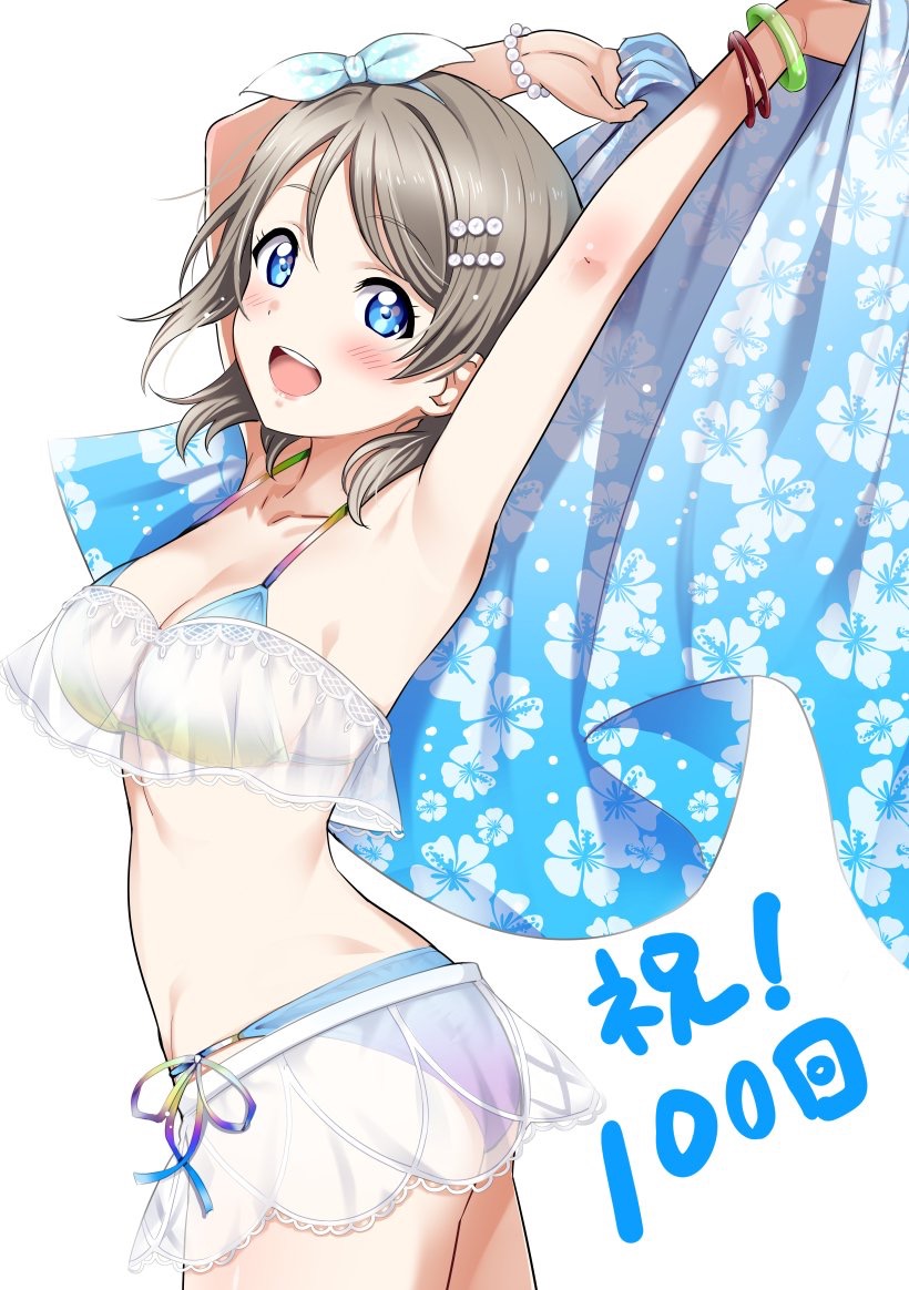 :d ass bangs bare_shoulders bikini blue_eyes breasts cleavage grey_hair hair_between_eyes hair_ornament hair_ribbon hairclip looking_at_viewer love_live! love_live!_sunshine!! md5_mismatch open_mouth ribbon rozen5 short_hair simple_background smile solo swimsuit watanabe_you white_background