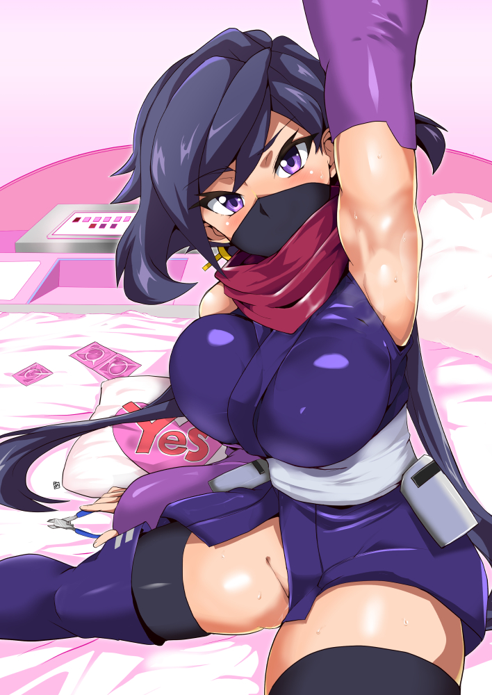 aoi_manabu armpits ayame_(gundam_build_divers) bangs bed black_legwear blush boots breasts commentary_request condom cowboy_shot elbow_gloves eyebrows_visible_through_hair face_mask from_below gloves gundam gundam_build_divers hand_up japanese_clothes large_breasts long_hair looking_at_viewer mask ninja pillow purple_eyes purple_hair scarf sitting solo thighhighs thighs yes yes-no_pillow