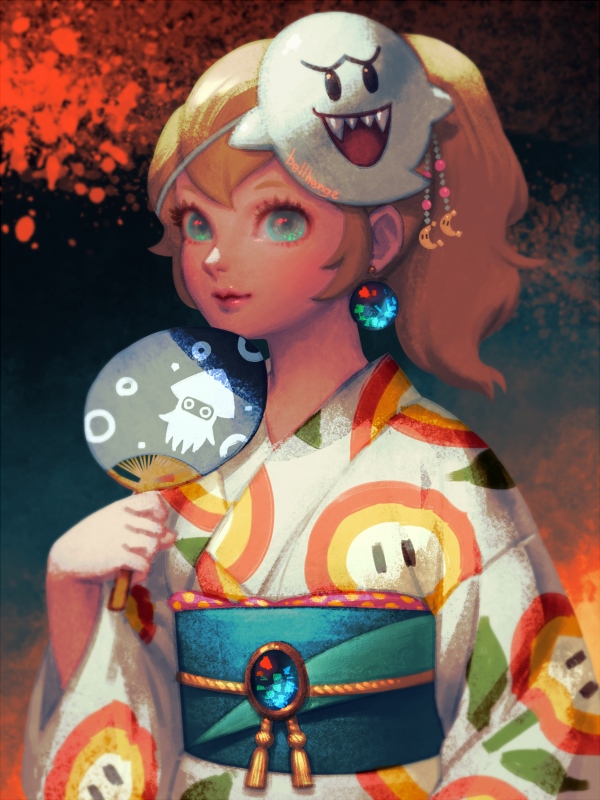 animal_print bellhenge blonde_hair blooper blue_eyes boo commentary earrings english_commentary fan festival fire_flower floral_print flower high_ponytail holding holding_fan japanese_clothes jewelry kimono long_hair long_sleeves looking_at_viewer mario_(series) mask mask_on_head obi ponytail princess_peach sash smile solo standing super_mario_bros. super_mario_odyssey yukata