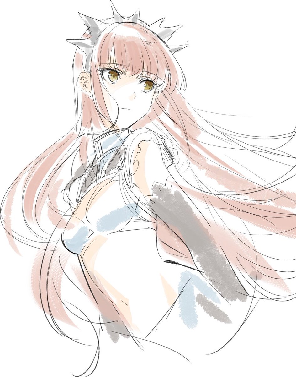 bangs breasts cleavage closed_mouth eyebrows_visible_through_hair fate/grand_order fate_(series) highres long_hair medb_(fate)_(all) medb_(fate/grand_order) navel pink_hair shimo_(s_kaminaka) simple_background sketch small_breasts solo straight_hair tiara very_long_hair white_background yellow_eyes