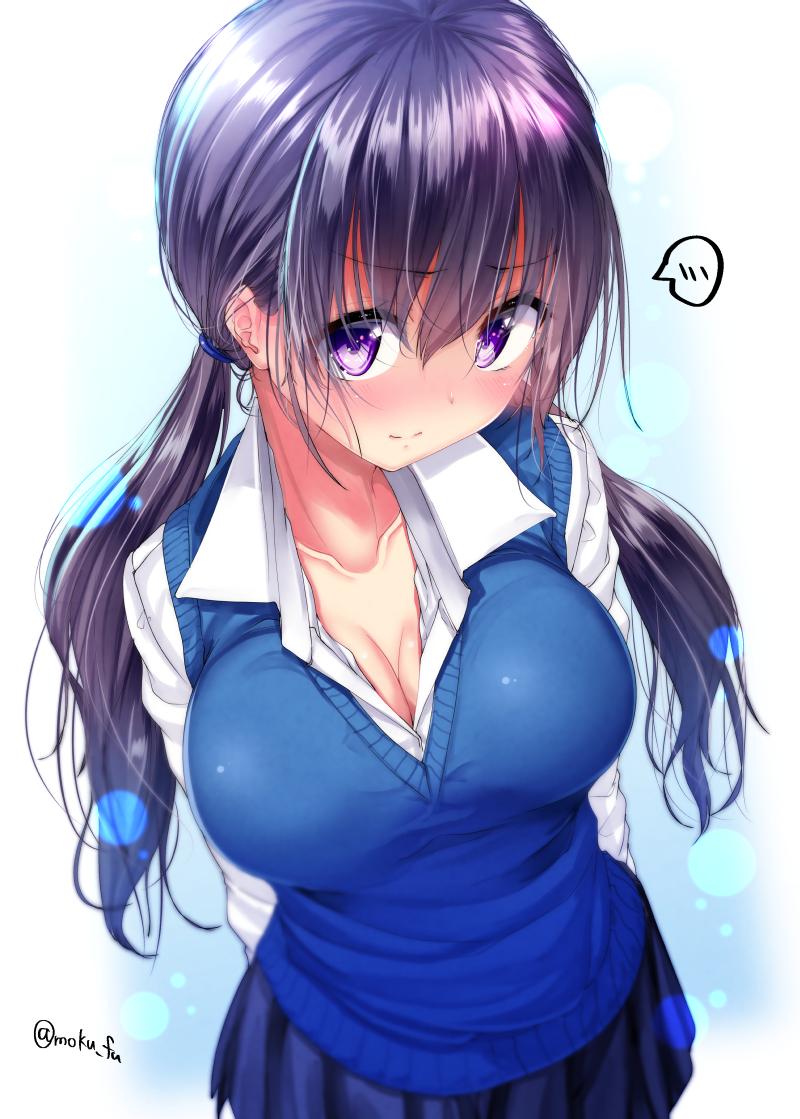 arms_behind_back bangs blue_background blue_skirt blush breasts cleavage closed_mouth collared_shirt eyebrows_visible_through_hair gradient gradient_background hair_between_eyes hair_tie large_breasts lens_flare long_hair long_sleeves looking_at_viewer low_twintails mokufuu nose_blush original pleated_skirt purple_eyes purple_hair shirt skirt smile solo speech_bubble spoken_blush sweater_vest twintails twitter_username very_long_hair white_background white_shirt