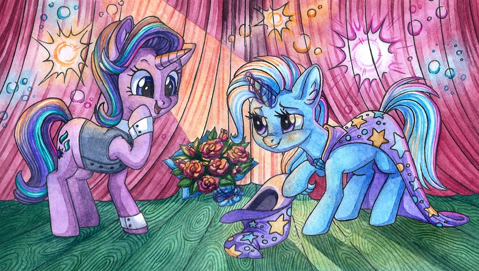 2018 aquamarine_(gem) blue_eyes blue_hair bouquet cape clothed clothing curtains cute cutie_mark duo equine excited eyebrows eyelashes female female/female feral flower friendship_is_magic grin hair happy hat hooves horn inner_ear_fluff levitation love magic mammal multicolored_hair my_little_pony open_mouth open_smile plant purple_eyes purple_hair red-watercolor rose shadow smile stage star starlight_glimmer_(mlp) teeth tongue traditional_media_(artwork) trixie_(mlp) two_tone_hair unicorn vest watercolor_(artwork) wood wood_floor wrist_cuff