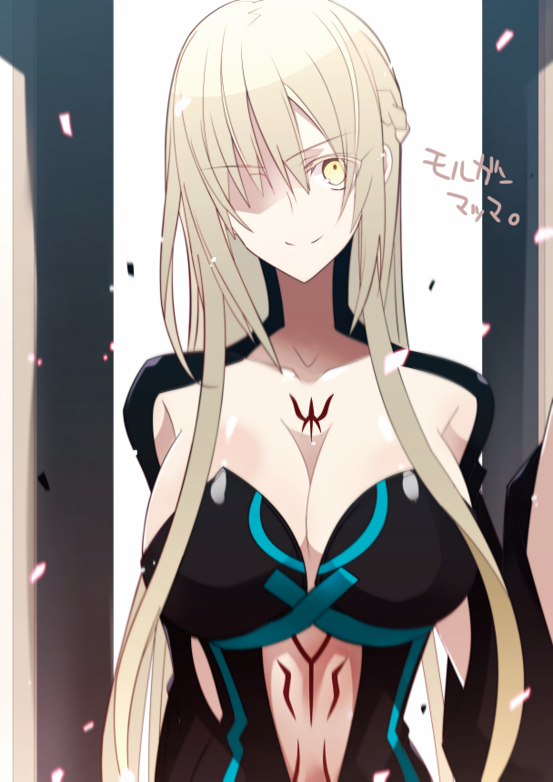 bangs blonde_hair braid breasts cleavage closed_mouth collarbone colored_eyelashes commentary_request crown_braid dress fate/apocrypha fate_(series) huge_breasts long_hair long_sleeves looking_at_viewer morgan_le_fay_(fate) nogi_(acclima) pale_skin shaded_face smile solo translation_request upper_body very_long_hair yellow_eyes