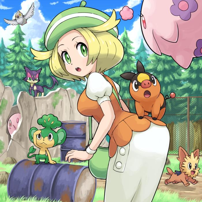 :d :o animal animal_on_back bag bel_(pokemon) blonde_hair blue_sky breasts cloud day drum_(container) eye_contact fence flying gen_5_pokemon grass green_eyes green_hat handbag hat leaning_forward lillipup looking_at_another looking_back munna musharna open_mouth outdoors pansage pidove pokemoa pokemon pokemon_(creature) pokemon_(game) pokemon_bw puffy_short_sleeves puffy_sleeves purrloin revision rock short_sleeves skirt sky smile tepig tree white_wristband wristband