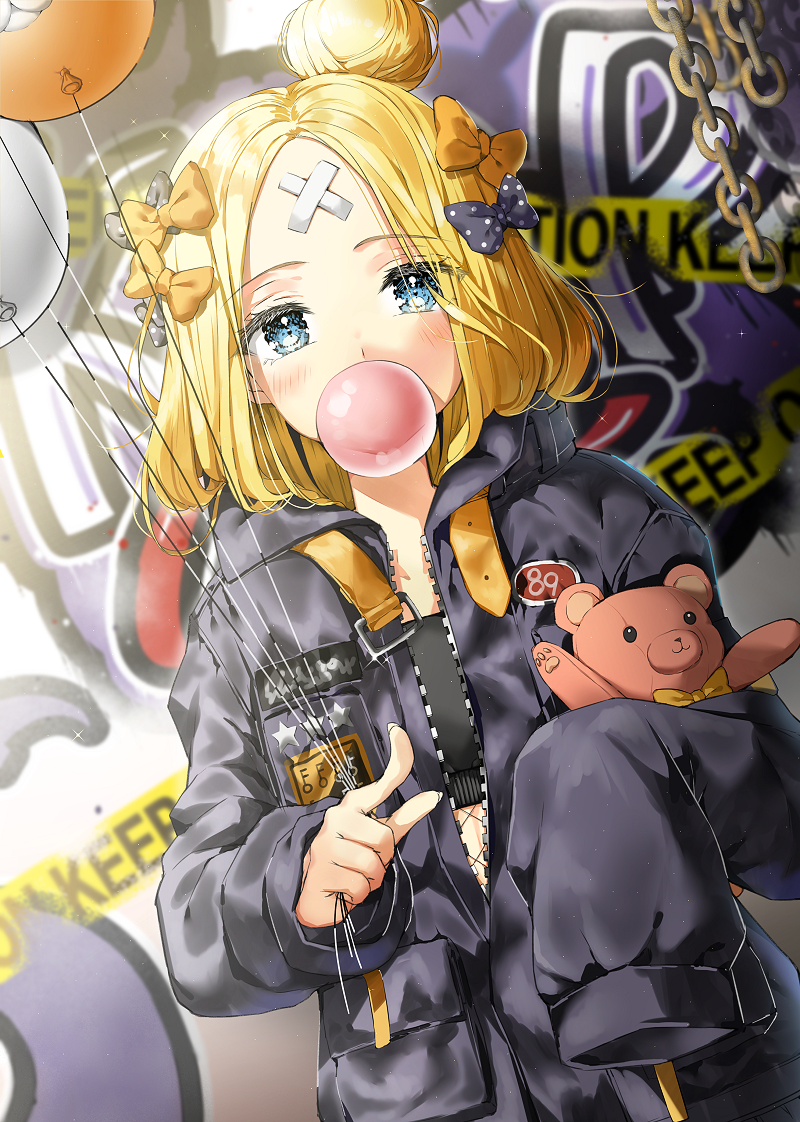 abigail_williams_(fate/grand_order) balloon bangs black_bow black_jacket blonde_hair blue_eyes blush bow bubble_blowing caution_tape chain chewing_gum commentary crossed_bandaids dutch_angle eyebrows_visible_through_hair fate/grand_order fate_(series) fingernails graffiti h_shai hair_bow hair_bun heroic_spirit_traveling_outfit holding holding_balloon jacket keep_out key long_hair long_sleeves looking_at_viewer object_hug orange_bow parted_bangs partially_unzipped pointing pointing_at_viewer polka_dot polka_dot_bow sleeves_past_fingers sleeves_past_wrists solo star stuffed_animal stuffed_toy teddy_bear tentacles zipper