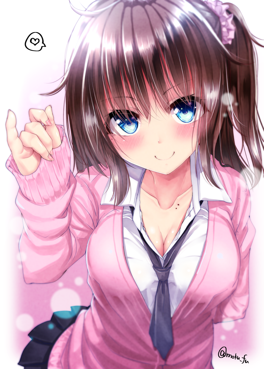 arm_behind_back arm_up bangs black_neckwear black_skirt blue_eyes blush breasts brown_hair cardigan cleavage closed_mouth collarbone collared_shirt eyebrows_visible_through_hair fingernails hair_between_eyes head_tilt heart highres large_breasts long_hair long_sleeves looking_at_viewer mokufuu mole nail_polish necktie one_side_up original pinching_sleeves pink_cardigan pink_nails pink_scrunchie pleated_skirt scrunchie shirt skirt sleeves_past_wrists smile solo spoken_heart twitter_username white_shirt
