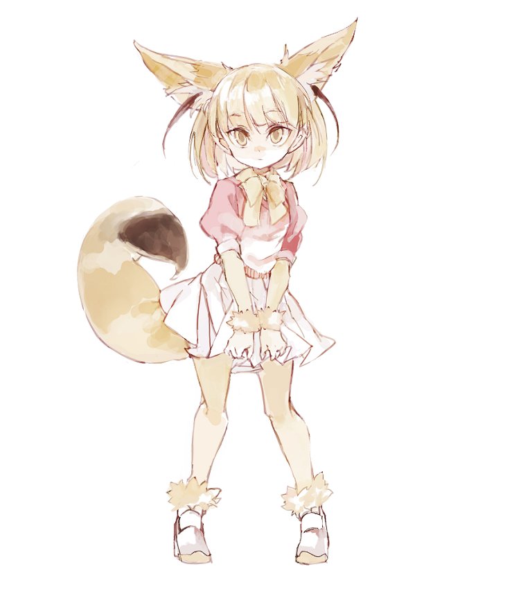 animal_ear_fluff animal_ears blonde_hair bow bowtie commentary_request elbow_gloves eyebrows_visible_through_hair fennec_(kemono_friends) fox_ears fox_tail full_body fur_trim gloves kemono_friends konabetate pleated_skirt puffy_short_sleeves puffy_sleeves shoes short_hair short_sleeves skirt solo tail thighhighs yellow_eyes