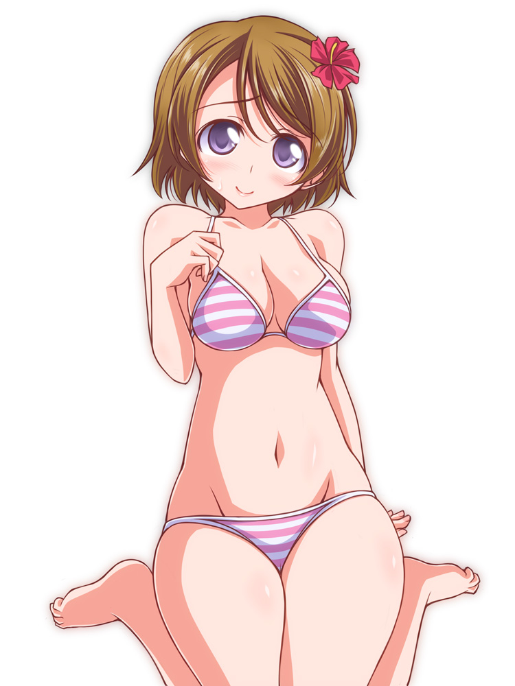 adjusting_clothes adjusting_swimsuit arm_behind_back arm_support bangs barefoot bikini breasts brown_hair cleavage closed_mouth eyebrows_visible_through_hair flower hair_flower hair_ornament head_tilt kikuchi_tsutomu koizumi_hanayo looking_at_viewer love_live! love_live!_school_idol_project medium_breasts navel pink_bikini purple_eyes short_hair simple_background sitting skindentation smile solo striped striped_bikini sweatdrop swimsuit thighs wariza white_background