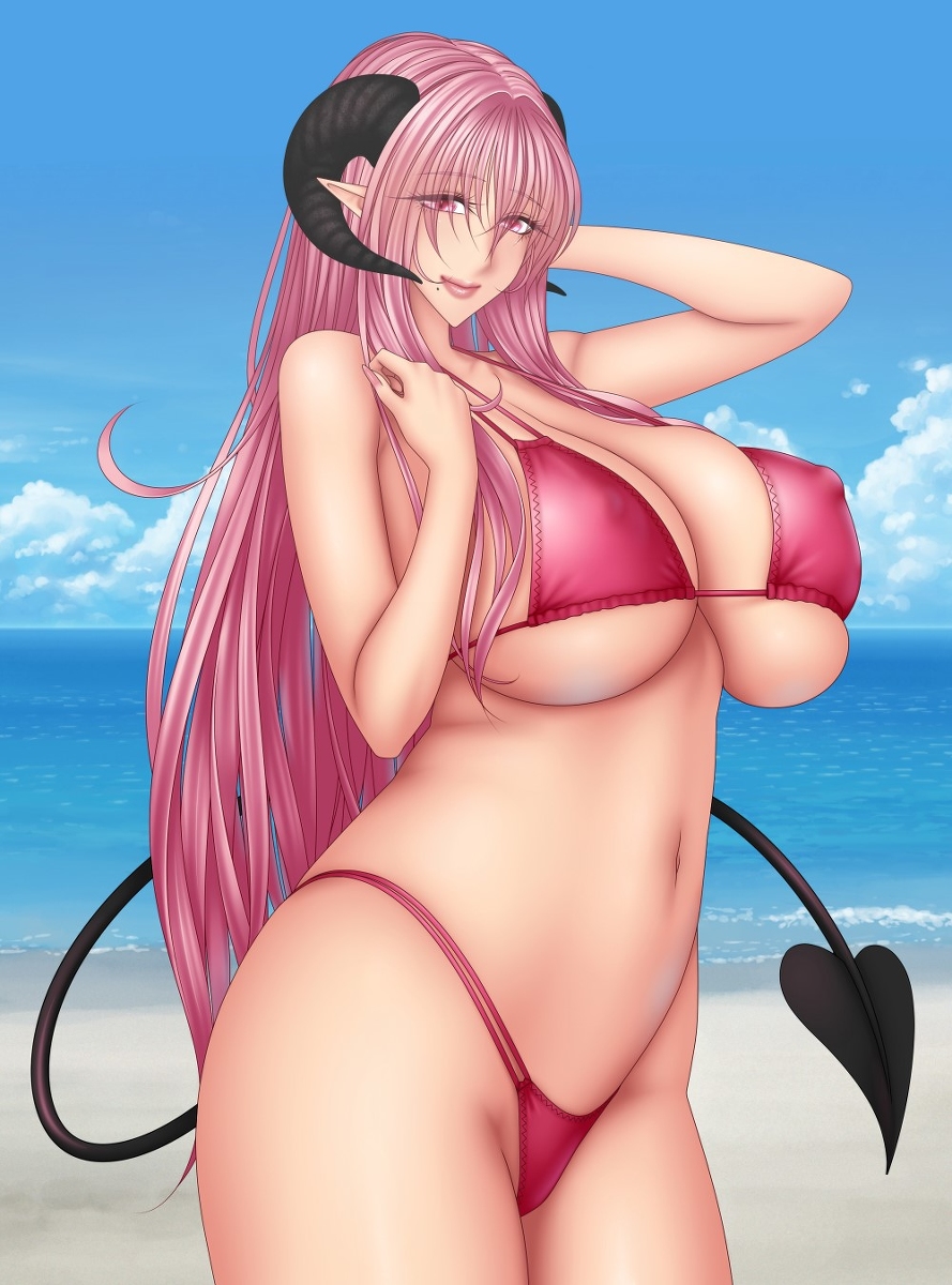 1girl baru_(val-val) beach bikini breasts cloud demon_girl demon_tail female goat_horns hand_behind_head horns huge_breasts lips long_hair looking_at_viewer makeup matching_hair/eyes may_(baru) mole mole_under_mouth nail_polish navel ocean original pink_eyes pink_hair pixiv_succubus pointy_ears sand smile solo standing succubus swimsuit tail white_background