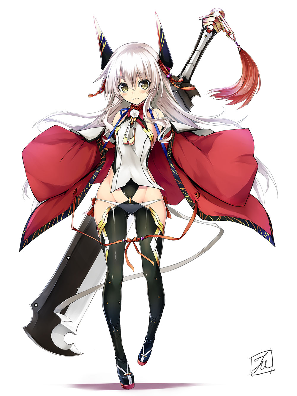 :3 ass_visible_through_thighs bangs black_legwear blue_footwear blush boots bow closed_mouth commentary_request eyebrows eyebrows_visible_through_hair flat_chest full_body groin hair_between_eyes highres horns huge_weapon long_hair looking_at_viewer oni original over_shoulder panties red_bow revealing_clothes sidelocks signature smile solo standing sword sword_over_shoulder thick_eyebrows tirotata underwear weapon weapon_over_shoulder white_hair white_panties yellow_eyes