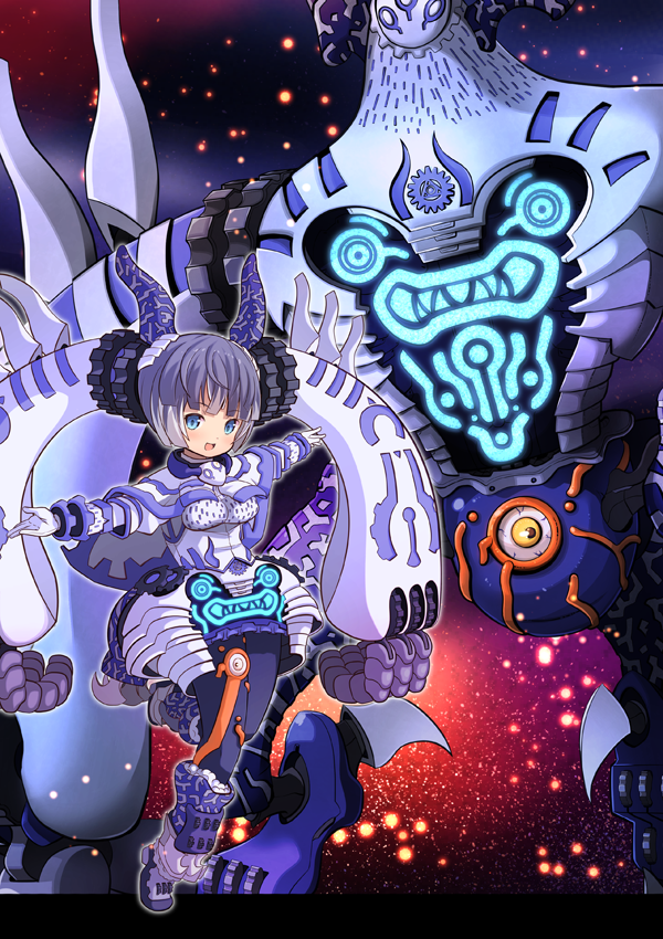 :d aqua_eyes bangs blunt_bangs blush bob_cut breasts capelet comiket_91 commentary_request dual_persona duel_monster eyeball eyebrows_visible_through_hair garoudo_(kadouhan'i) gloves glowing headgear horns indiora_doom_volt_the_cubic_emperor lavender_hair leg_up looking_at_viewer open_mouth outstretched_arms personification short_hair smile standing standing_on_one_leg white_capelet white_gloves yuu-gi-ou yuu-gi-ou_duel_monsters yuu-gi-ou_the_dark_side_of_dimensions