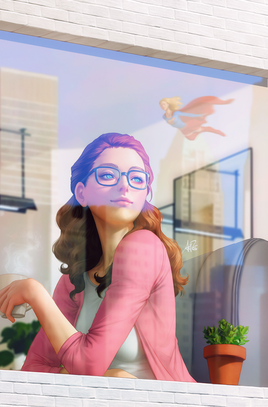 arrowverse bespectacled blonde_hair blue_eyes breasts brick_wall cape commentary cup dc_comics dual_persona english_commentary flower_pot flying glasses half_updo highres holding holding_cup indoors kara_danvers long_hair medium_breasts miniskirt multiple_girls pink_cardigan pink_lips plant red_cape red_hair red_legwear reflection shirt signature skirt smile stanley_lau supergirl superhero wavy_hair white_shirt window