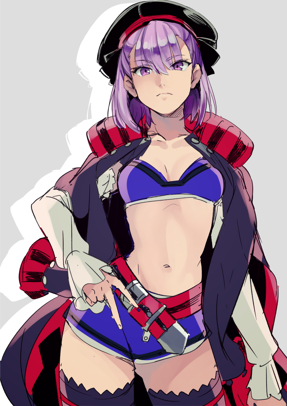 bangs black_hat breasts closed_mouth collarbone commentary_request eyebrows_visible_through_hair fate/grand_order fate_(series) hat helena_blavatsky_(fate/grand_order) highres long_sleeves looking_at_viewer navel purple_eyes purple_hair purple_legwear shimo_(s_kaminaka) simple_background small_breasts solo thighhighs thighs v white_background zettai_ryouiki
