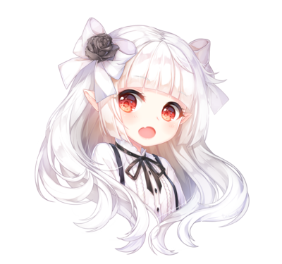 bangs black_flower black_rose blanca_(liliorl) bow commission fang flower frills hair_bow hair_flower hair_ornament headshot long_hair looking_at_viewer lowres open_mouth original pointy_ears red_eyes ribbon rose solo tonowa transparent_background upper_body