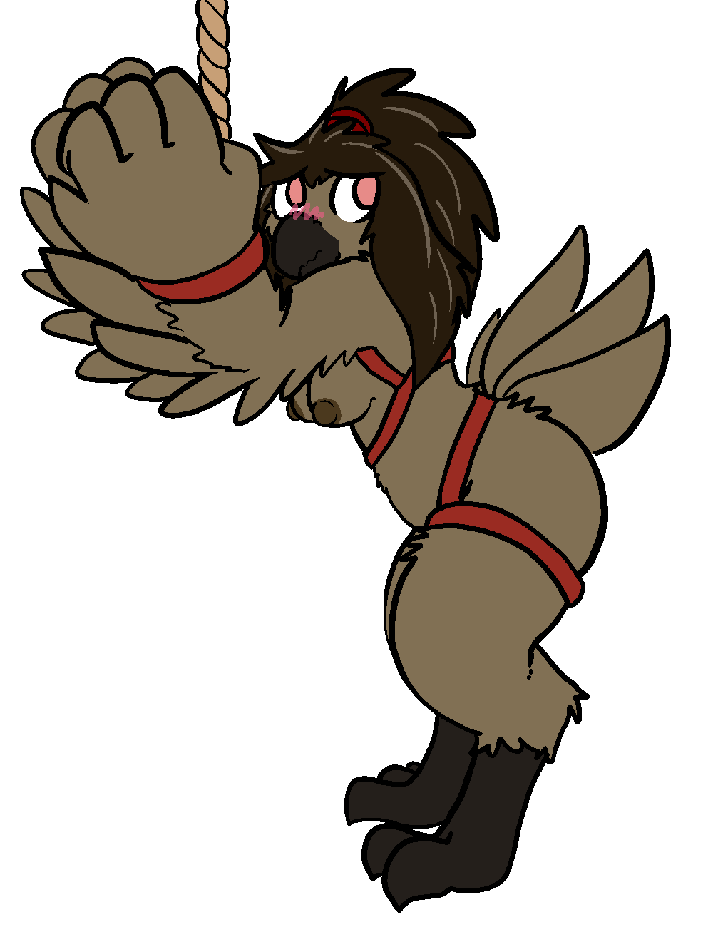 aliasing alpha_channel anthro areola avian bdsm beak bird bound breasts brown_feathers brown_hair digital_media_(artwork) digitigrade embarrassed feathers female hair long_hair nipples nude pink_eyes rope simple_background solo talons the_intern thick_thighs transparent_background trout_(artist)