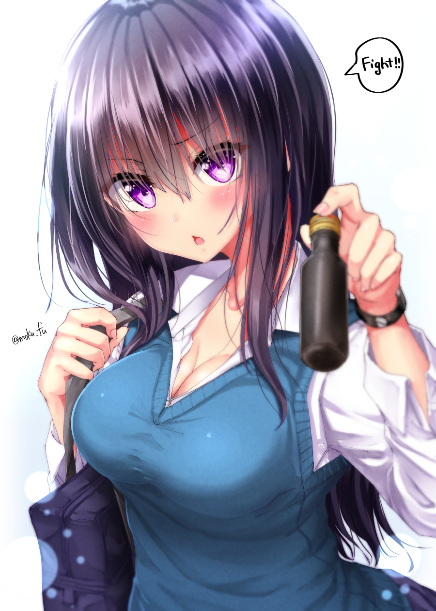 bag bangs blue_bag blue_skirt blurry blurry_foreground blush bottle breasts chestnut_mouth cleavage collared_shirt depth_of_field english eyebrows_visible_through_hair fingernails hair_between_eyes highres holding holding_bottle long_hair long_sleeves looking_at_viewer mokufuu nail_polish original parted_lips pink_nails pleated_skirt purple_eyes purple_hair school_bag shirt skirt sleeves_folded_up solo speech_bubble sweater_vest twitter_username very_long_hair watch white_background white_shirt wristwatch