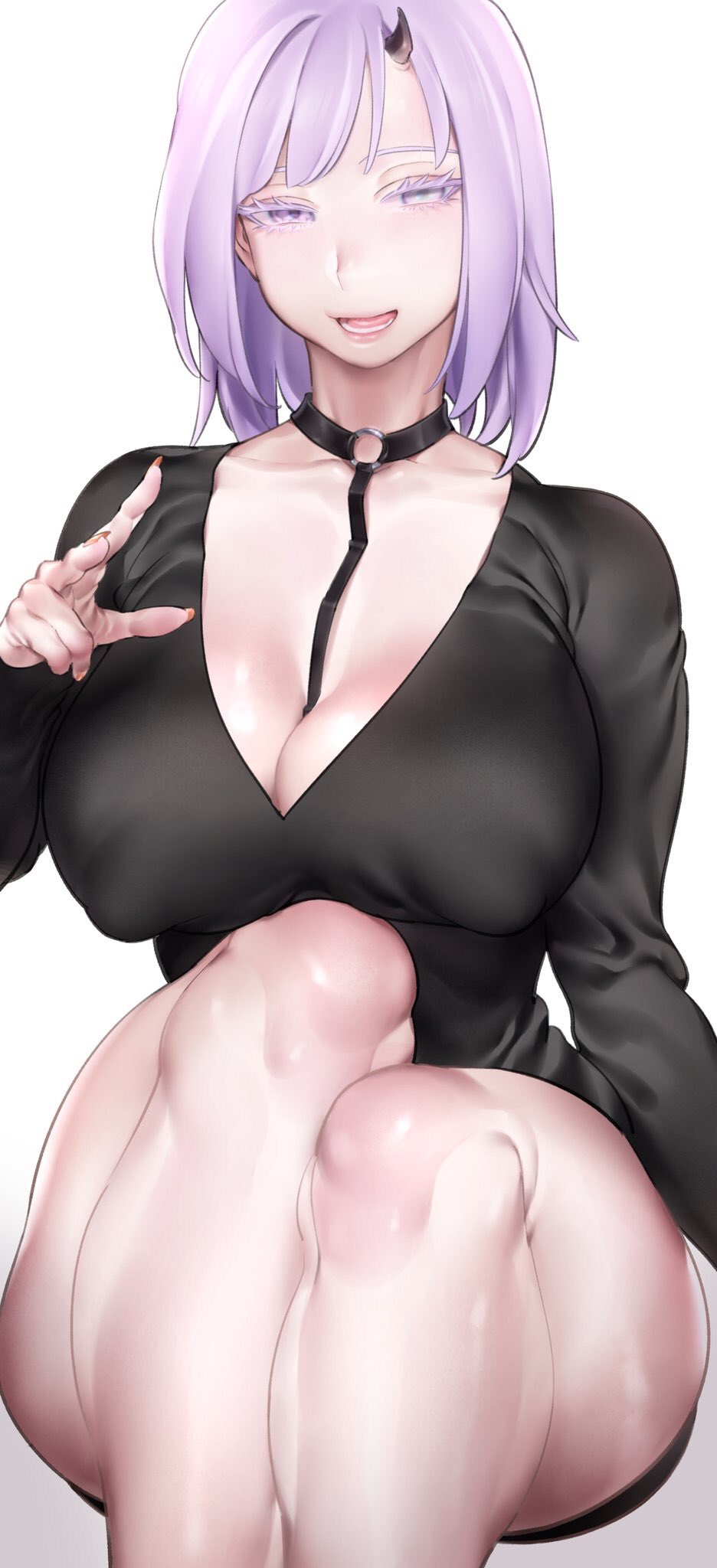 arm_up bangs between_breasts black_choker black_shirt breasts choker cleavage colored_eyelashes covered_nipples fingernails highres horn large_breasts lavender_eyes lavender_hair lips long_sleeves lower_teeth medium_hair open_mouth phantasy_star phantasy_star_online_2 plunging_neckline shirt simple_background sitting solo straight_hair thighs v white_background zkstxxx