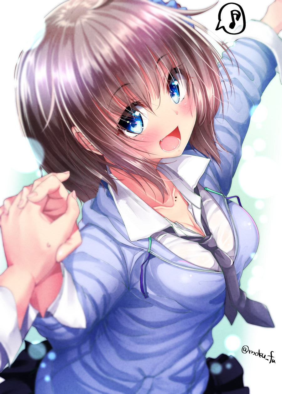 :d bangs black_neckwear black_skirt blue_eyes blue_jacket blush breasts brown_hair collarbone collared_shirt eyebrows_visible_through_hair fang fingernails hair_between_eyes highres holding_hands hood hood_down hooded_jacket interlocked_fingers jacket large_breasts long_hair looking_at_viewer mokufuu mole musical_note nail_polish necktie open_mouth original out_of_frame outstretched_arm pink_nails pleated_skirt pov pov_hands shirt sixteenth_note skirt smile solo_focus spoken_musical_note sweat twitter_username white_shirt