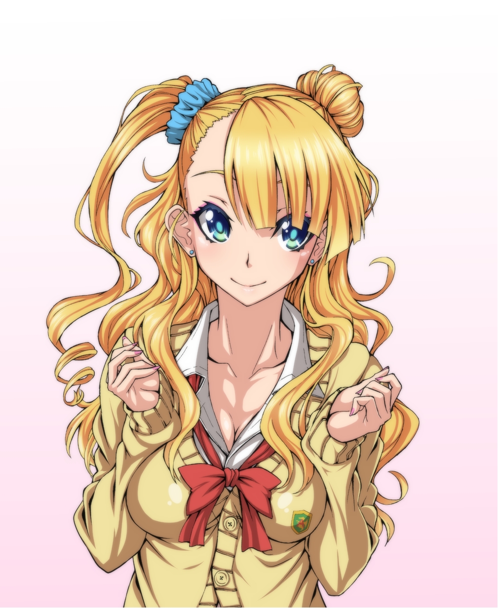asymmetrical_bangs asymmetrical_hair bangs blonde_hair blue_eyes blue_scrunchie bow bowtie breast_squeeze breasts cardigan cleavage closed_mouth collarbone dress_shirt drill_hair earrings emblem galko gradient gradient_background green_eyes highres jewelry large_breasts long_hair long_sleeves looking_at_viewer one_side_up oshiete!_galko-chan ozaneko pink_background red_neckwear school_uniform scrunchie shirt side_bun sitting smile solo sweater upper_body white_shirt yellow_sweater