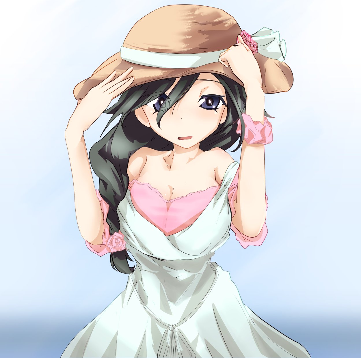 alternate_hairstyle bangs bare_shoulders black_eyes black_hair blue_background brown_hat casual commentary dress eyes_visible_through_hair flower girls_und_panzer gradient gradient_background hair_flower hair_ornament hair_over_shoulder hands_on_headwear hat hat_flower hat_ribbon highres isuzu_hana light_smile long_hair looking_at_viewer off_shoulder omikuji_(6954) open_mouth pink_flower pink_rose pink_shirt ribbon rose shirt short_sleeves solo standing sun_hat upper_body white_dress white_ribbon wristband